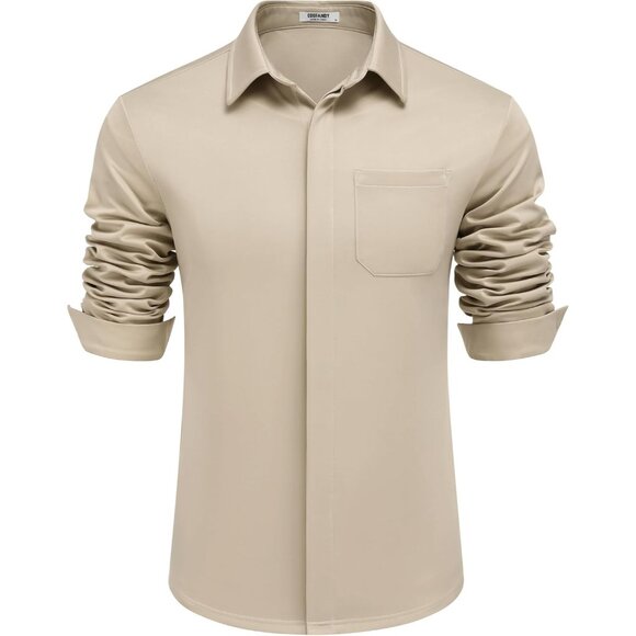 Khaki Men's Long Sleeve Wrinkle Free Casual Button Down Untucked Dress Shirt - Picture 6 of 6